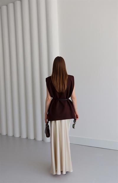 Aylana Kemerli Blazer Yelek Kahve