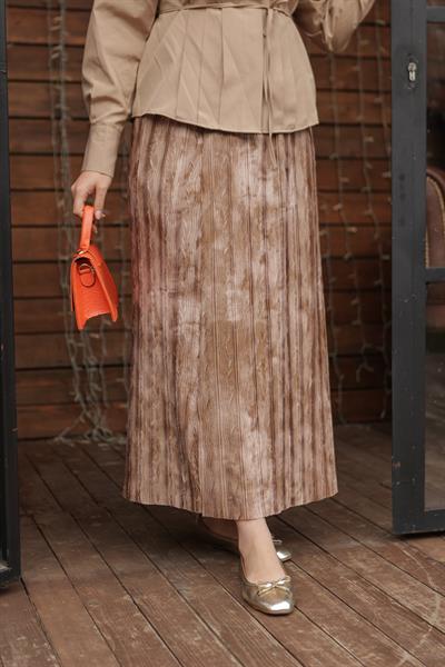 Baskı Desenli Etek Kahve