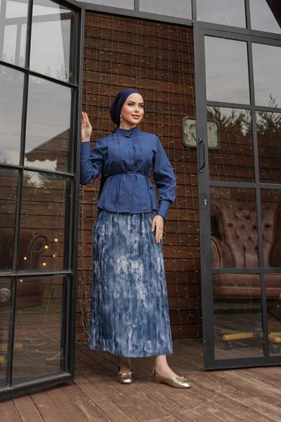 Baskı Desenli Etek Mavi
