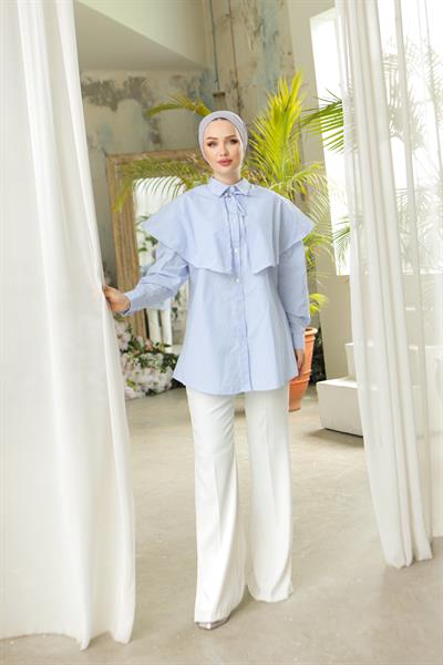 Çizgili Poplin Gömlek Mavi