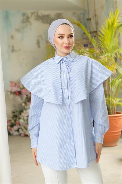 Çizgili Poplin Gömlek Mavi