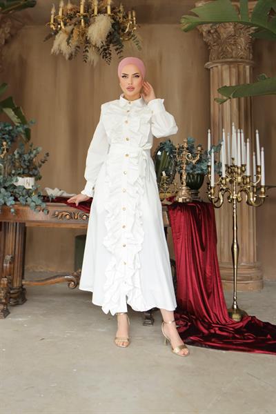 Fırfırlı Poplin Elbise Beyaz