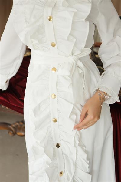 Fırfırlı Poplin Elbise Beyaz