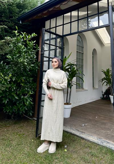 Fitilli Çelik Örme Triko Elbise Krem