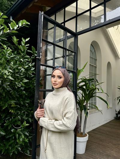 Fitilli Çelik Örme Triko Elbise Krem