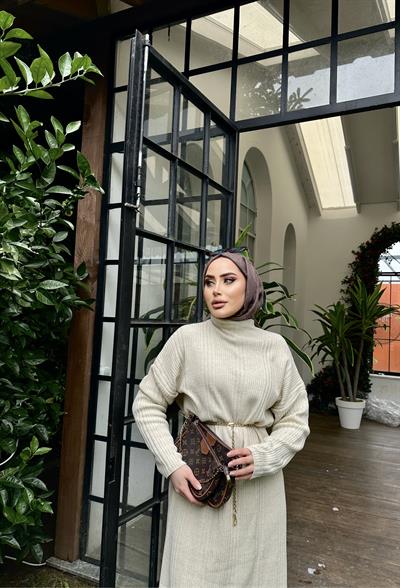 Fitilli Çelik Örme Triko Elbise Krem