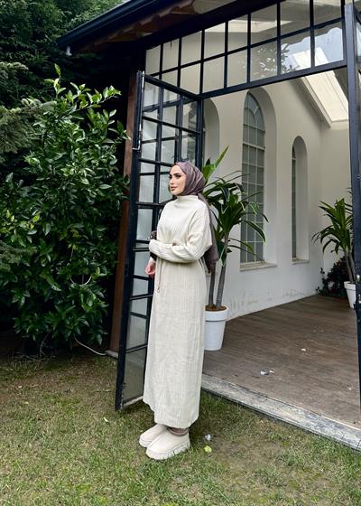 Fitilli Çelik Örme Triko Elbise Krem