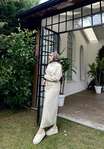 Fitilli Çelik Örme Triko Elbise Krem