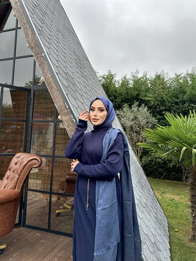 Fitilli Çelik Örme Triko Elbise Lacivert