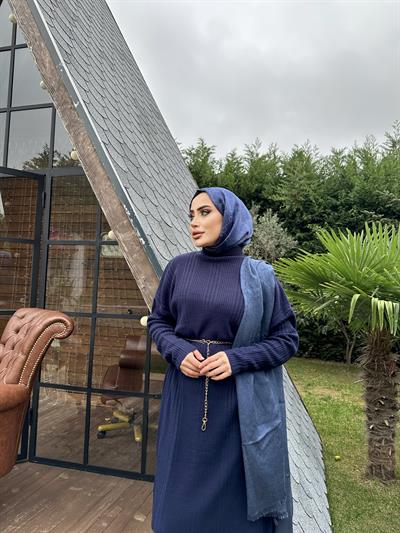 Fitilli Çelik Örme Triko Elbise Lacivert
