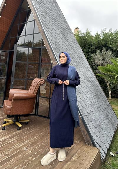 Fitilli Çelik Örme Triko Elbise Lacivert