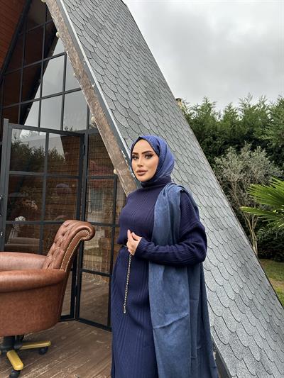 Fitilli Çelik Örme Triko Elbise Lacivert