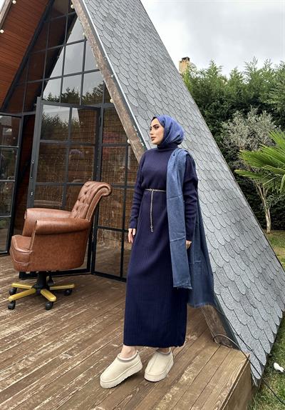 Fitilli Çelik Örme Triko Elbise Lacivert