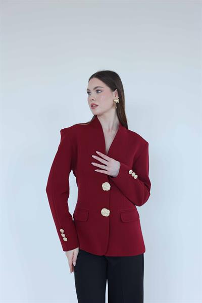 Gold Düğmeli Blazer Ceket Bordo