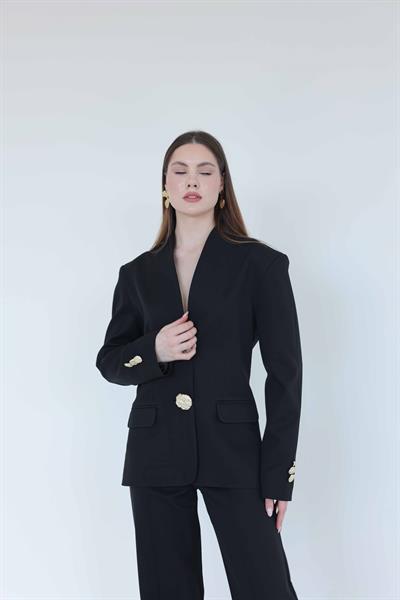 Gold Düğmeli Blazer Ceket Siyah