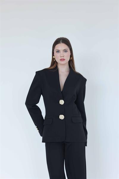 Gold Düğmeli Blazer Ceket Siyah
