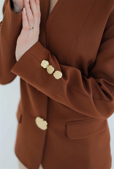 Gold Düğmeli Blazer Ceket Taba