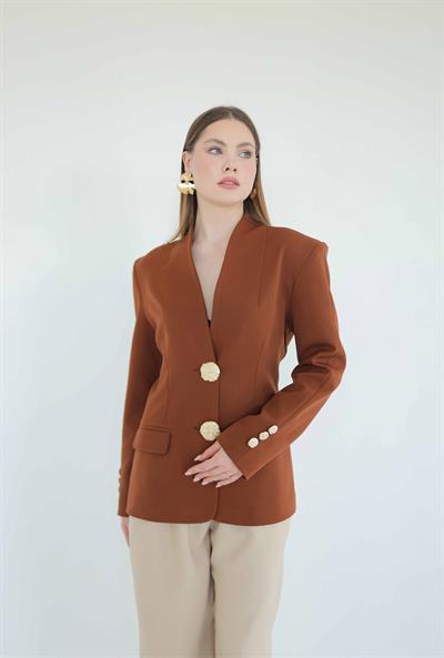 Gold Düğmeli Blazer Ceket Taba