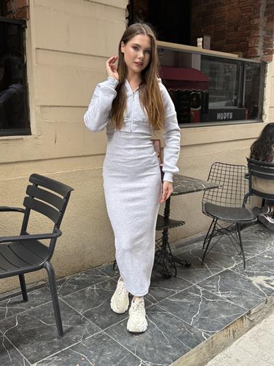 Hırkalı Elbise Takım Gri Melanj