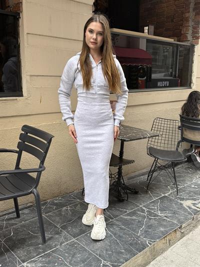 Hırkalı Elbise Takım Gri Melanj