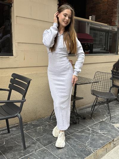 Hırkalı Elbise Takım Gri Melanj