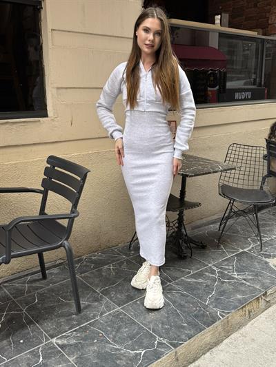 Hırkalı Elbise Takım Gri Melanj