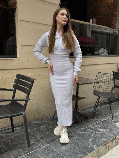Hırkalı Elbise Takım Gri Melanj
