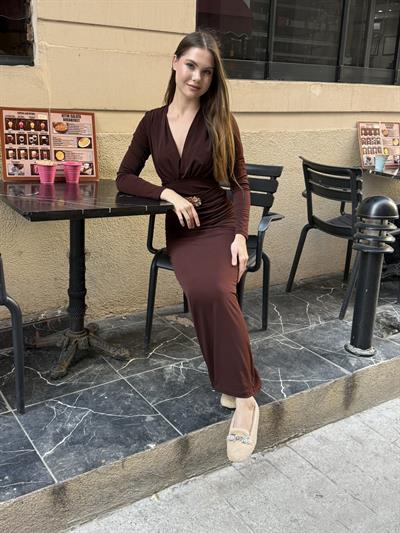 Kemerli Vatka Detay Elbise Kahverengi