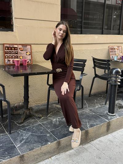 Kemerli Vatka Detay Elbise Kahverengi