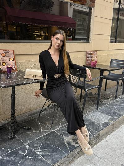 Kemerli Vatka Detay Elbise Siyah