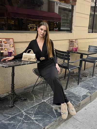 Kemerli Vatka Detay Elbise Siyah