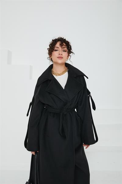 Kolları Cep Detaylı Kaşe Kaban Siyah