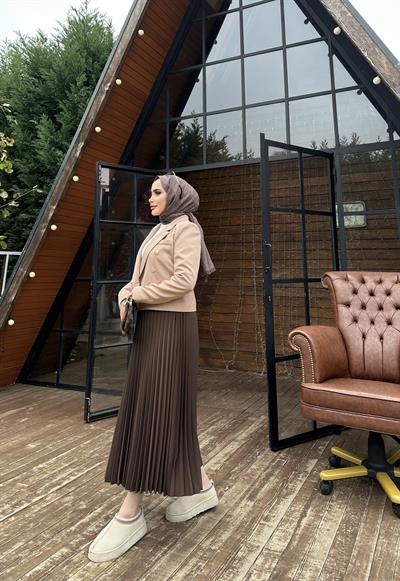 Kruvaze Krop Ceket Düğme Detaylı Krem