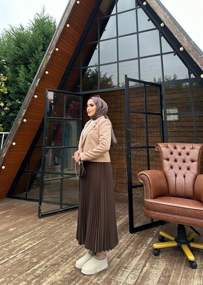 Kruvaze Krop Ceket Düğme Detaylı Krem