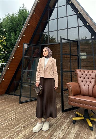 Kruvaze Krop Ceket Düğme Detaylı Krem