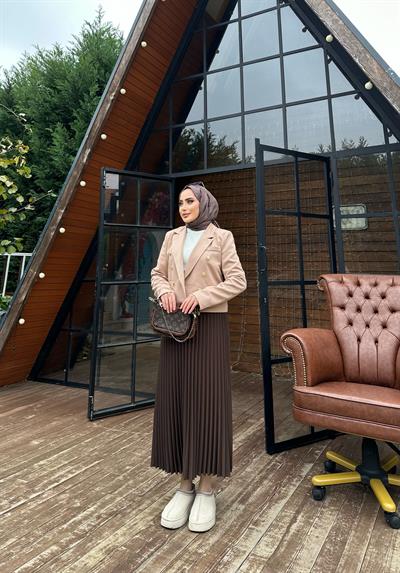 Kruvaze Krop Ceket Düğme Detaylı Krem