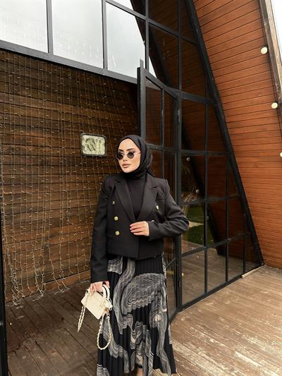 Kruvaze Krop Ceket Düğme Detaylı Siyah