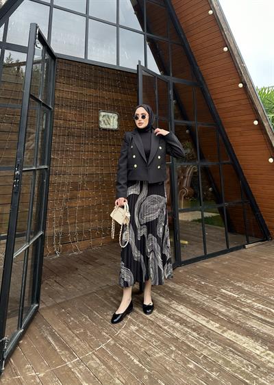 Kruvaze Krop Ceket Düğme Detaylı Siyah