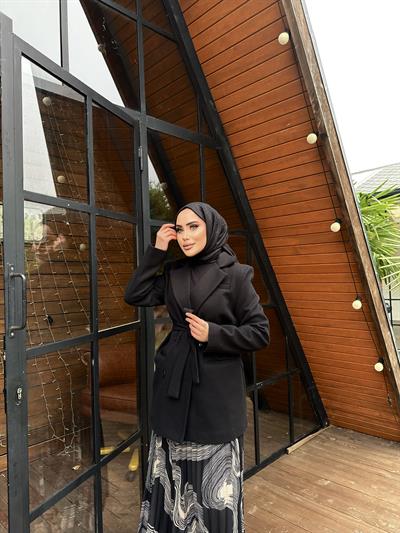 Kuşaklı Kaşe Ceket Siyah