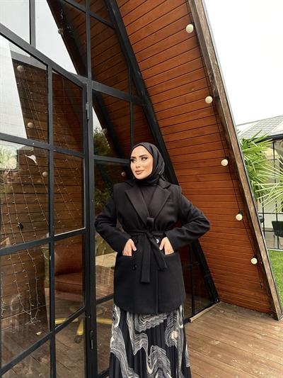 Kuşaklı Kaşe Ceket Siyah