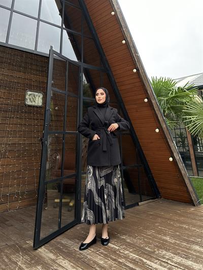 Kuşaklı Kaşe Ceket Siyah