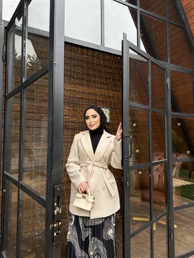 Kuşaklı Kaşe Ceket Taş