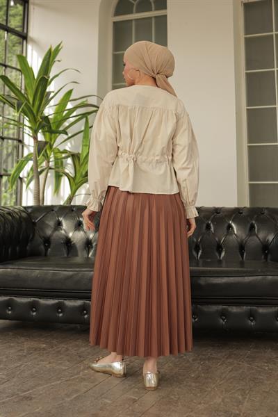 Parlak Pliseli Etek Kahve