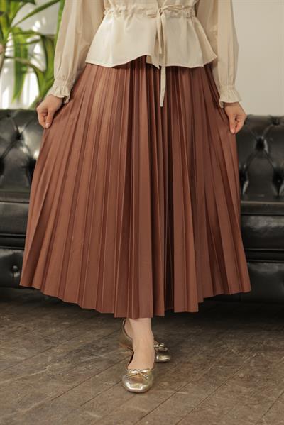 Parlak Pliseli Etek Kahve