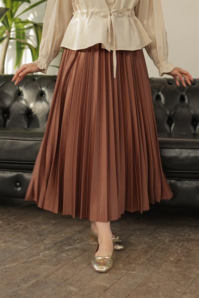 Parlak Pliseli Etek Kahve