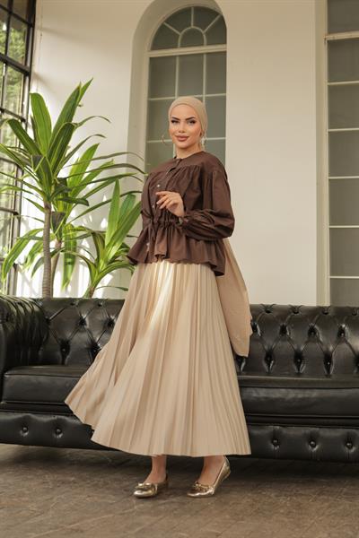 Parlak Pliseli Etek Krem