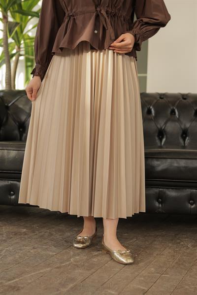 Parlak Pliseli Etek Krem