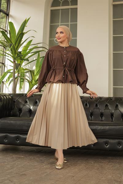 Parlak Pliseli Etek Krem