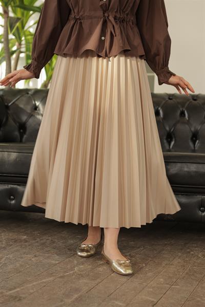 Parlak Pliseli Etek Krem