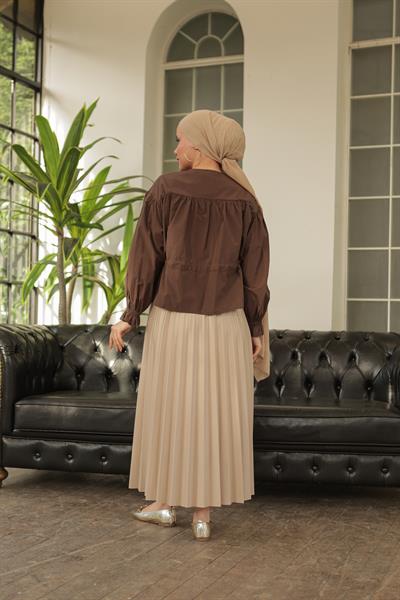 Parlak Pliseli Etek Krem